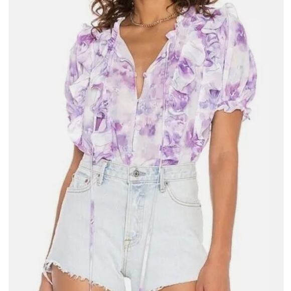 FOR LOVE & LEMONS Zinnia Lilac Floral Ruffled Blouse Romantic Spring Chiffon - S - Picture 2 of 13